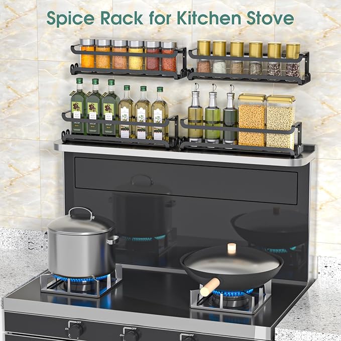 LUCYCAZ 6 Pack Wall Mounted Spice Rack with 22 Hooks, Spice Organizer Shelf for Stove Cabinet Pantry Door,Screw or Adhesive Spice Shelf Hanging Wall Spice Rack in Kitchen and RV (Black, 6 PACK)-Ruum Studio Home