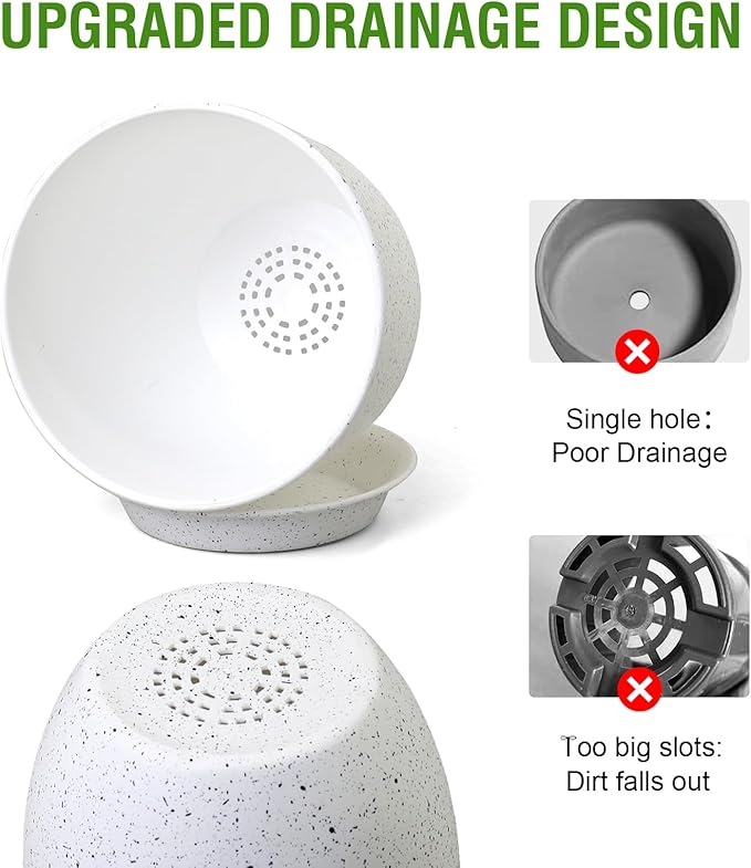 10/9/8 inch Medium Plant Pots, Set of 3 Modern Decorative Plastic Planters with Drainage Holes and Saucers for Garden House Plants, Flower Pots for Indoor Outdoor Plants, Speckled White-Ruum Studio Home