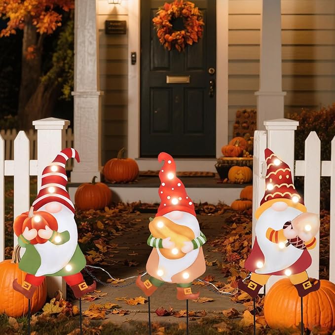 WONDER GARDEN 3 PCS Fall Yard Sign Metal Gnomes Decorative Garden Stakes with Led Lights Autumn Harvest Pumpkin Thanksgiving Garden Lawn Porch Patio Decorations Outdoor-Ruum Studio Home
