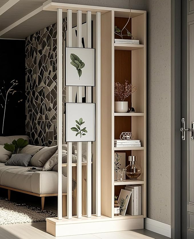 Wall Room Divider, Storage Cabinet Storage Display with Shelves, Modern Freestanding Wood Room Divider Screen, Wall Privacy Screens for Home Office Decorative (Beige+White,31.5" L x 9.5" W x 79.5" H)-Ruum Studio Home