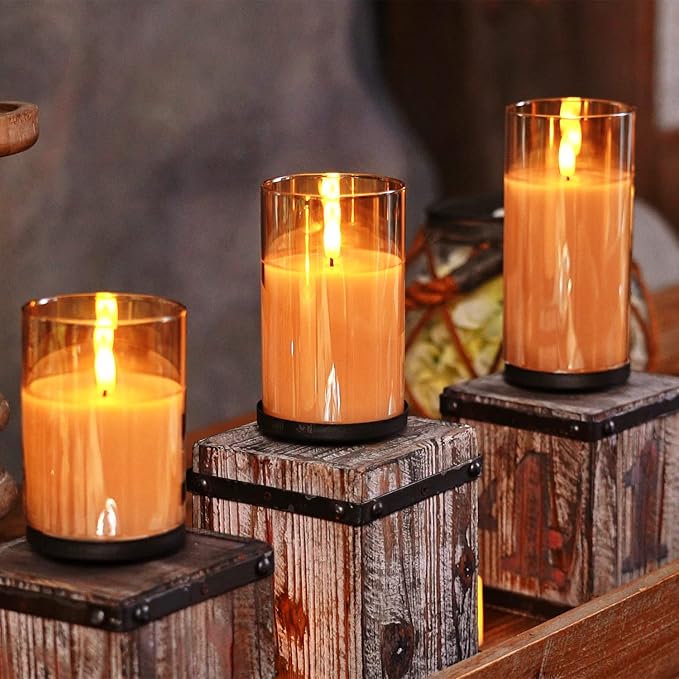 Homemory Amber Glass Flameless Candles, Battery Operated LED Pillar Candles with Remote Control and Timer, Radiance Candles, Real Wax, Set of 3,D3 xH4 5" 6"-Ruum Studio Home