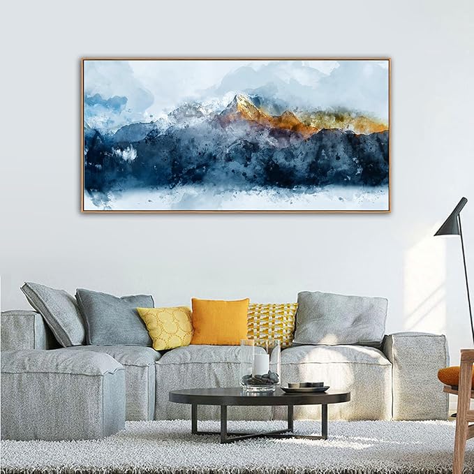 Framed Canvas Wall Art Indigo Abstract Mountain Pictures Wall Decor Blue Grey Orange Mountain Peaks Canvas Painting Prints Modern Abstract Artwork for Living Room Bedroom Decoration 29" X 58"-Ruum Studio Home