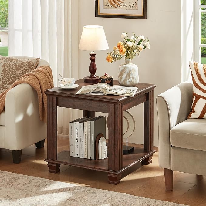 Farmhouse End Table,Large Side Table with 2-Tier Storage Shelf,Rustic Brown End Tables for Living Room,Square Tea Table,Walnut-Ruum Studio Home