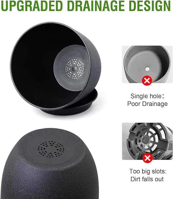 9/8/7.5 inch Plant Pots, Set of 3 Modern Decorative Plastic Planters with Drainage Holes and Tray, Flower Pots for Indoor Outdoor Plants, Black-Ruum Studio Home