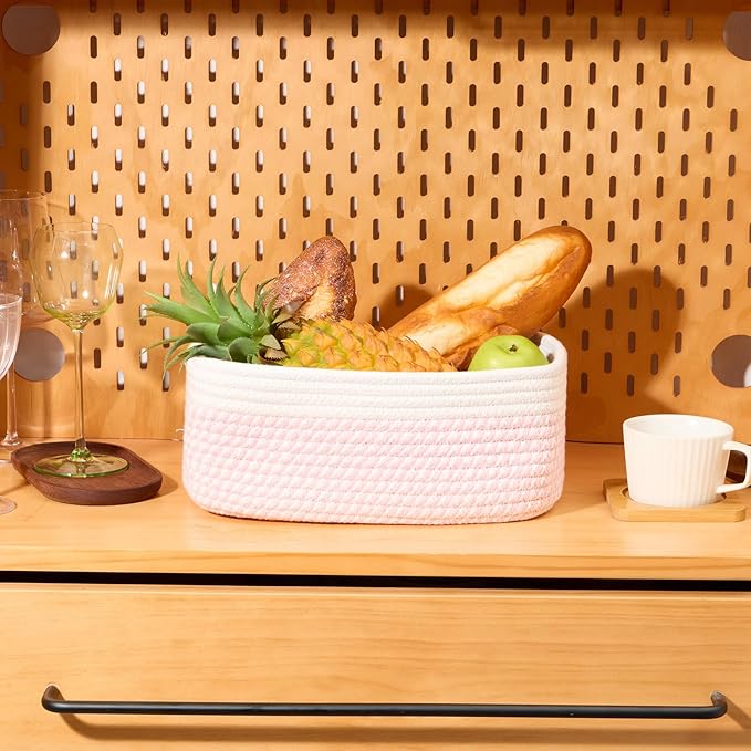 Small Storage Baskets for Organizing | Closet Organizer Bins | Shelf Toy Basket | Woven Rope Baskets | Cube Decorative Box | Shallow Basket | 11.5x7.5x4.7” | 3 Packs White Pink-Ruum Studio Home