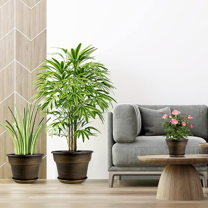 Plant Planters Pots Set of 4 Pack 13 Inch，Large Plastic Flower Pot for Indoor Plants with Drainage Holes & Trays, Resin Decorative Container Sets with Saucer for House Outdoor Garden Plant Dark Gold-Ruum Studio Home
