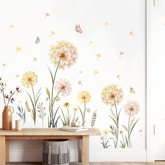 Dandelion Flower Butterfly Wall Decals Gold Dandelion Plants Floral Wall Stickers Peel and Stick Vinyl Wall Art Decor for Living Room Bedroom Office TV Sofa Backdrop Home Decor Gifts for Mom-Ruum Studio Home