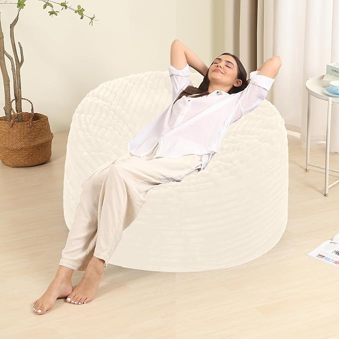 Memory Foam Bean Bag Chair for Adults/Teens, Bean Bag Sofa with Fluffy Removable Cover, for Living Room Bedroom, 3FT White-Ruum Studio Home
