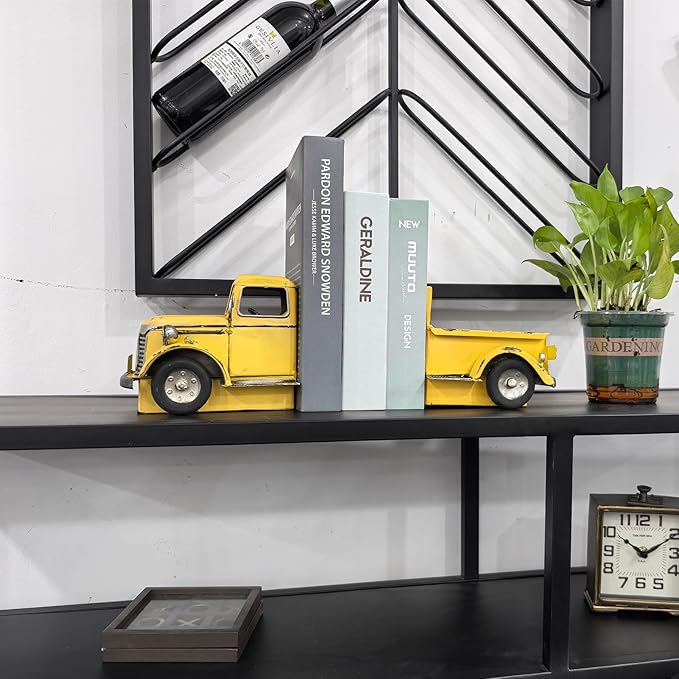 Decorative Book Ends Vintage Bookends: Metal Truck Book Stopper for Kid Books for Grandson Men Teen - Farmhouse Decor for Bookcase Shelf Table Coffee Bar Office Home Yellow-Ruum Studio Home