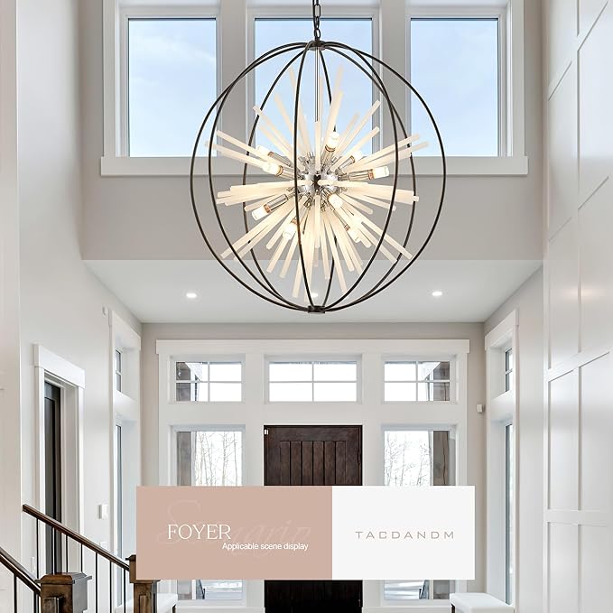 31.5" Black Chrome 16-Light Globe Sputnik Chandelier Modern Adjustable Hanging Ceiling Glass Tube Pendant Light Fixture for Entryway Foyer Stairway Dining Living Room Hallway-Ruum Studio Home