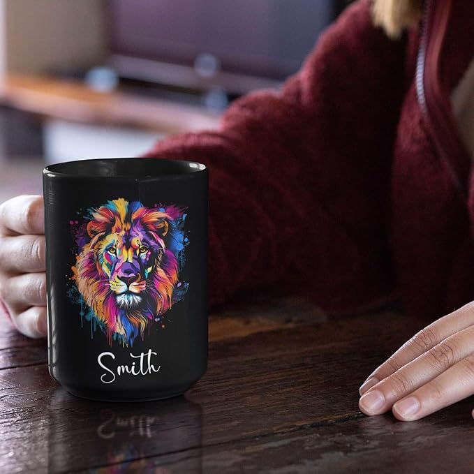 Personalized Lion Black Mug, Gift For Son Grandson, Custom Lion Coffee Cup With Name, Customized Colorful Animal Design Mug, Unique Animal Lover Cup 11oz 15oz-Ruum Studio Home