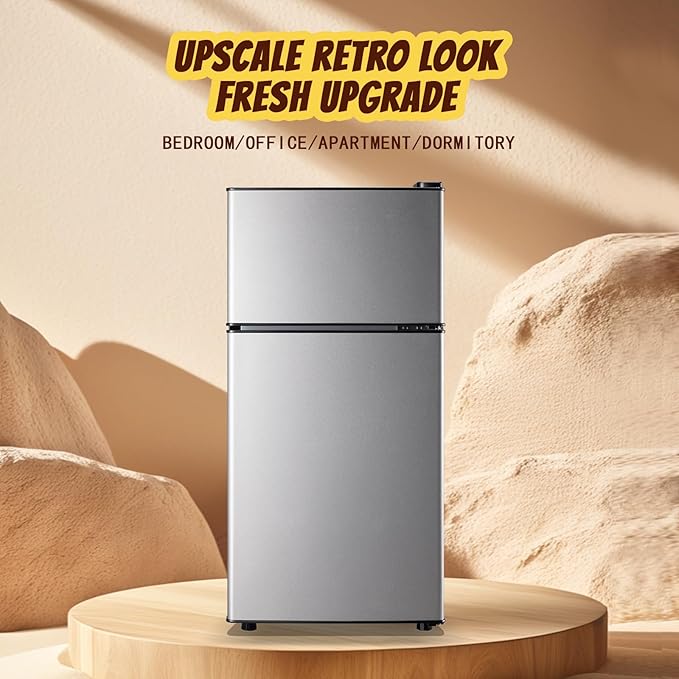 2.4 Cu.ft Mini Fridge Small Refrigerator with Freezer Dual Door Dorm Fridge for Personal Senven Temp Gear Suit for Apartment, Bedroom, Rv Silver-Ruum Studio Home