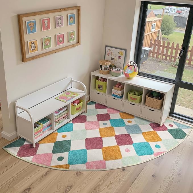 jinchan Kids Rug for Nursery 6ft Radius Corner Washable Area Rug Modern Colorful Quarter Circle Rug Soft Non-Slip Carpet for Bedroom Playroom Daycare Reading Nook Kitchen Classroom Confetti on Cream-Ruum Studio Home