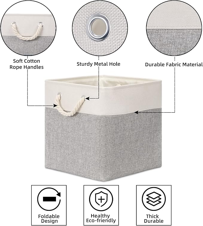 Bidtakay Fabric Basket Set - Large Square Organizer Bins, 13x13, Set of 3, White & Grey-Ruum Studio Home