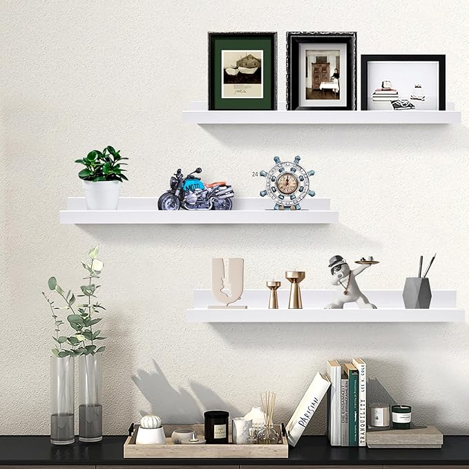 AZSKY White Kids Bookshelf Floating Shelves Wall Mounted 24 Inches Long Nursery Wooden Book Shelves for Toys Storage Picture Ledge Shelf for Living Room Bedroom Decor Books Photo Frames Set of 3-Ruum Studio Home