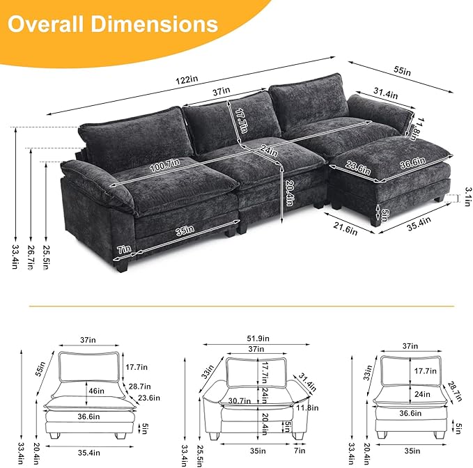 Karl home Sectional Sofa Modular Deep Seat Sofa Couch with Ottoman, Chenille Sofa Sleeper Comfy Upholstered Furniture for Living Room, Apartment, Studio, Office, (3-Seat & 1-Ottoman, Black)-Ruum Studio Home