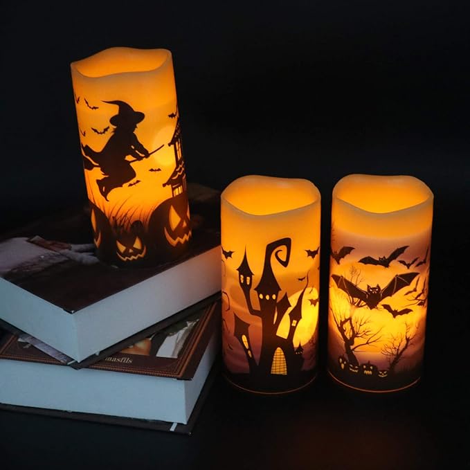 Wondise Halloween Flameless Flickering Candles with 6hrs Timer, Battery Operated Candles with Halloween Decals Real Wax LED Pillar Candles for Halloween Home Table Decor (3 x 6 Inches), Orange-Ruum Studio Home