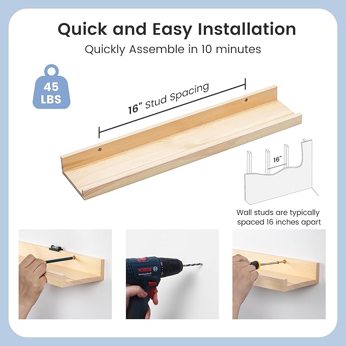 Picture Ledge Shelf for Wall, 24 inches Solid Pine Wood Nursery Book Shelves 3 Packs, Floating Ledge Shelves for Kids' Room Bedroom Bathroom Living Room Photo Frames Office Nursey Wall Decor, Natural-Ruum Studio Home