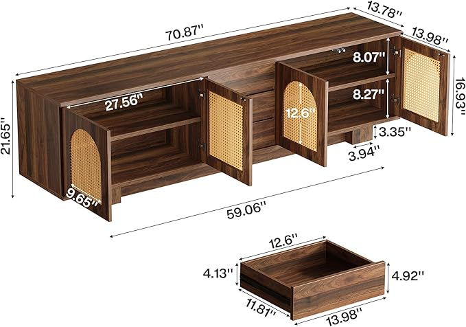 Tribesigns 70.9" TV Stand for TVs up to 80 Inches, Mid-Century Modern Entertainment Center with Storage and Drawers, Rattan Media Console TV Cabinet for Living Room, Bedroom, Walnut-Ruum Studio Home