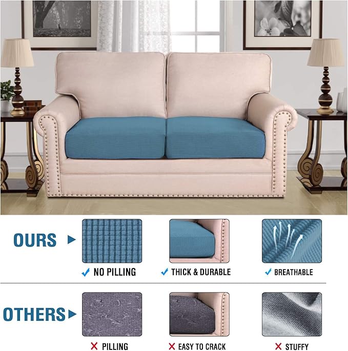 H.VERSAILTEX Super Stretch Individual Seat Cushion Covers Sofa Covers Couch Cushion Covers Slipcover Sets Thick Jacquard Textured Twill Fabric (2 Piece Medium Sofa Cushion Covers, Dusty Blue)-Ruum Studio Home