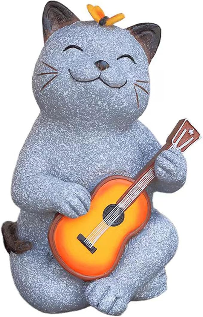 Cat Garden Statue Outdoor Decor, Cat Sculpture with Guitar and Butterfly for Yard Lawn Patio Balcony, Birthday Housewarming Gifts for Mom, Grandma, Women, 8.8 inch, Resin-Ruum Studio Home