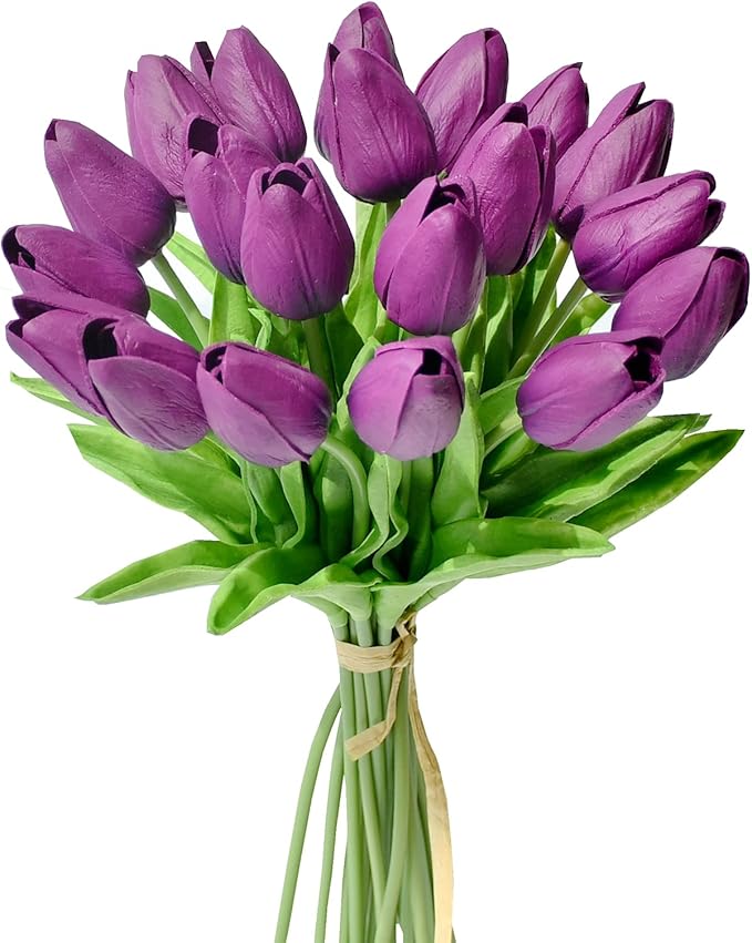 Mandy's Artificial Tulips 20 Stems Grape Purple PU Faux Flowers for Wedding Home Decor 13.5 Inch-Ruum Studio Home