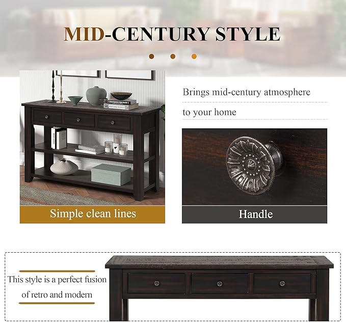 Solid Wood Console Table,Sofa Table with Storage Drawers and Bottom Shelf,Entryway Table for Entry Hallway Foyer,Fully Assembled (48.8" Distressed Black)-Ruum Studio Home