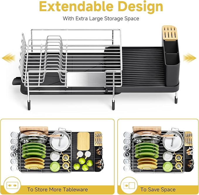 Dish Drying Rack, Expandable Stainless Steel Dish Rack with Drainboard Set Kitchen Sink Organizer for Counter, Large Capacity Kitchen Accessories, Smooth Water Flow-Ruum Studio Home