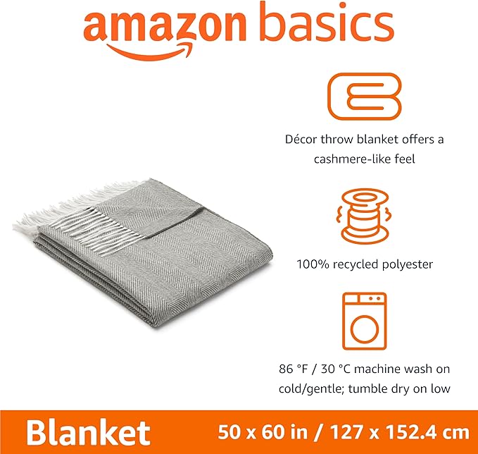 Amazon Basics Cozy Room Décor Throw Blanket, Lightweight, Recycled Polyester, Dark Gray and Light Gray Herringbone, 50"x 60"-Ruum Studio Home