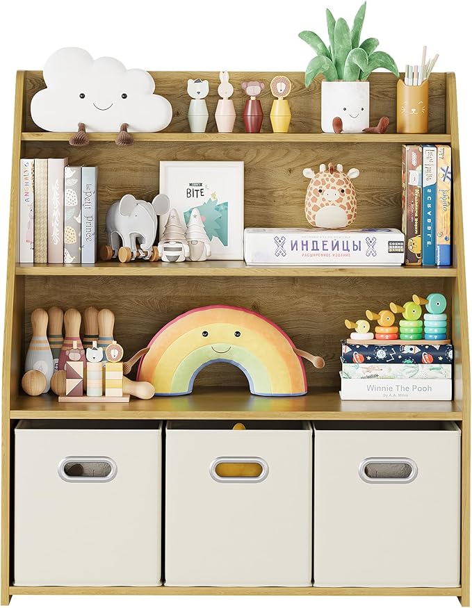 Kids Bookshelf and Toy Organizer, 3-Tier Toy Storage Organizer with 3 Movable Drawers, Montessori Toy Shelf, Nursery Book Shelves Toddler Bookshelf for Kids Room Living Room Nursery-Ruum Studio Home