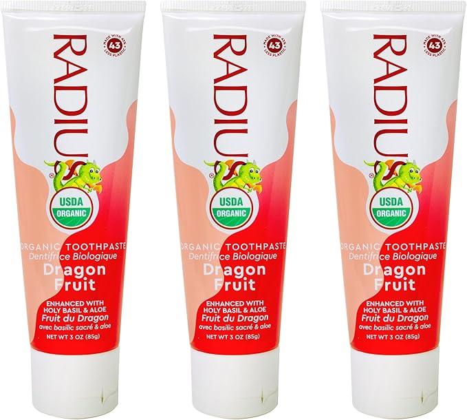 RADIUS USDA Organic Kids Toothpaste 3oz Non Toxic Chemical-Free Gluten-Free Designed to Improve Gum Health for Children's 6 Months and Up - Dragon Fruit - Pack of 3-Ruum Studio Home