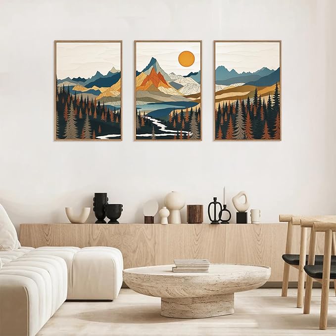 HLNIUC Large Sunset Mountain Framed Wall Art,Boho Forest Pine Tree Canvas Wall Decor Set of 3(16”X24”) Blue and Orange Landscape Art Print,Colorful Mountain Lake Wall Painting for Living Room,Bedroom-Ruum Studio Home