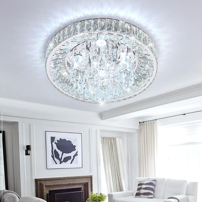 Modern Crystal Chandeliers for Dining Room LED Light Fixture Close to Ceiling Chandelier Flush Mount Ceiling Light Dimmable Lamp with Remote for Living Room Bedroom Hallway 2700K 6000K-Ruum Studio Home