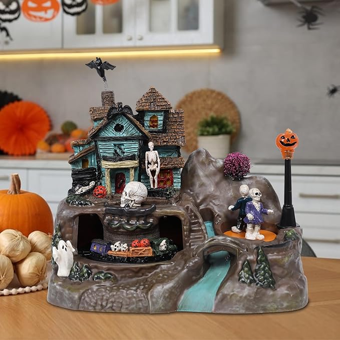 DREAM GARDEN Halloween Village Collection, Lighted Spooky Haunted House with Animated Train and Scary Sound Halloween Collectible Bulidings with Skull, Pumpkin, Ghost for Holiday Party Tabletop Decor-Ruum Studio Home