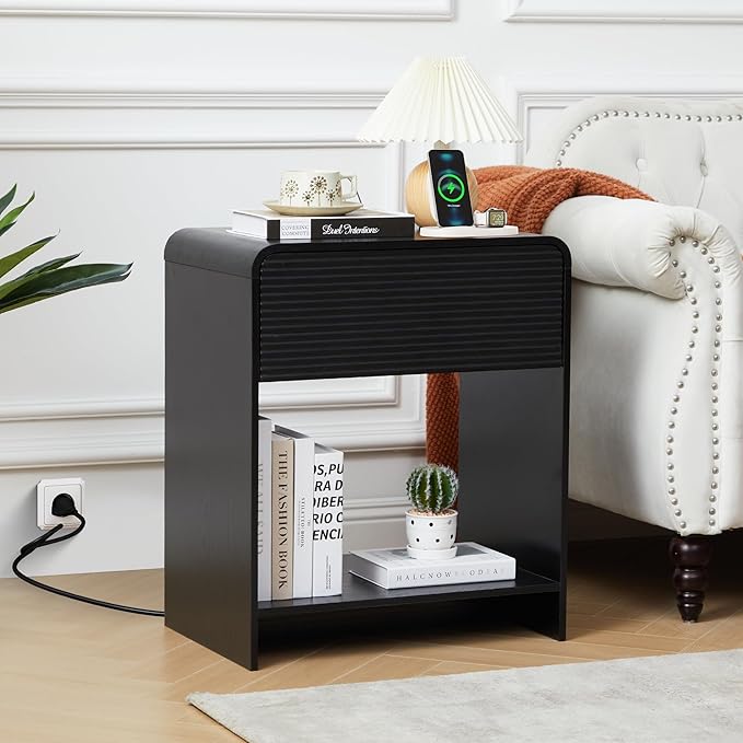 Fluted Nightstand with Charging Station, Mid Century Modern Bed Side Table End Table with Drawer Storage, Large Wooden Night Stands Bedside for Bedroom Living Room Sofa Office, Black-Ruum Studio Home