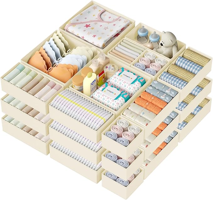 DIMJ Drawer Organizer Clothes 20 Pack - Foldable Baby Organizers and Storage & Dresser Organizer for Bedroom, Closet - Nursery Organization Dresser Dividers for underwear, Sock,Bra, Belt, Tie, Beige-Ruum Studio Home