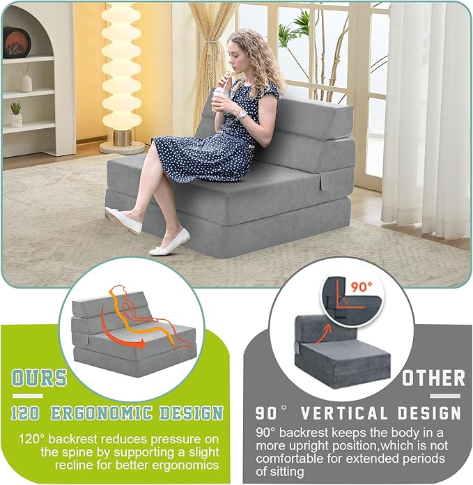 jela Foldable Sofa Bed Soft Foam Convertible Sleeper Chair Luxury Miss Fabric Fold Out Chair Bed Floor Couch with Back Support Floor Sofa for Living Room Bedroom (83"x33",Light Grey)-Ruum Studio Home