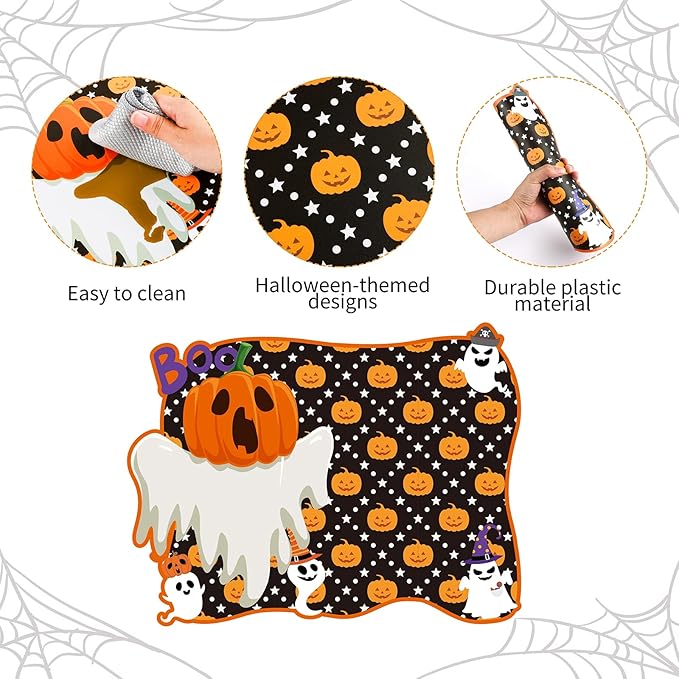 MCEAST 6 Pack Halloween Plastic Placemats Halloween Pumpkin Spider Ghost Waterproof Table Mats Assorted 6 Styles Halloween Party Table Decorations for Home Kitchen Dining, 16 x 12 Inches-Ruum Studio Home