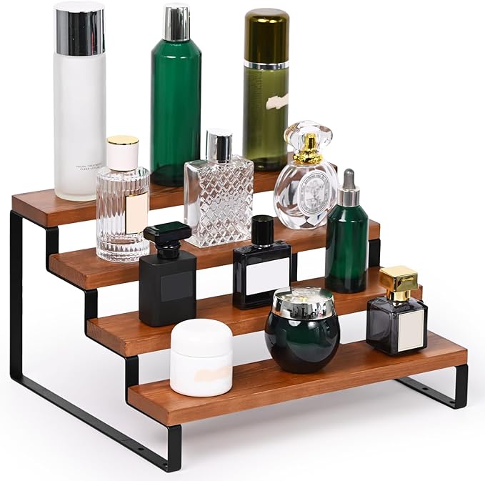 4 Tier Wooden Display Riser Stand Perfume Organizer with Metal Stand, Dessert Table Display Set, Food Display Stands for Party, Brown Rustic Solid Wood Shelf for Cupcakes, Perfume, Cologne, Spiece-Ruum Studio Home