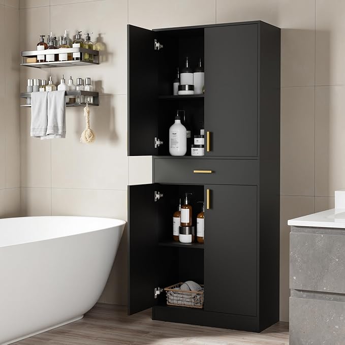 Cozy Castle Pantry Cabinet, 71" Tall Kitchen Storage Cabinet with Doors and Shelves, Freestanding Wood Cupboard Utility Hutch with Drawer for Dining Room Living Room Bathroom Furniture, Black-Ruum Studio Home