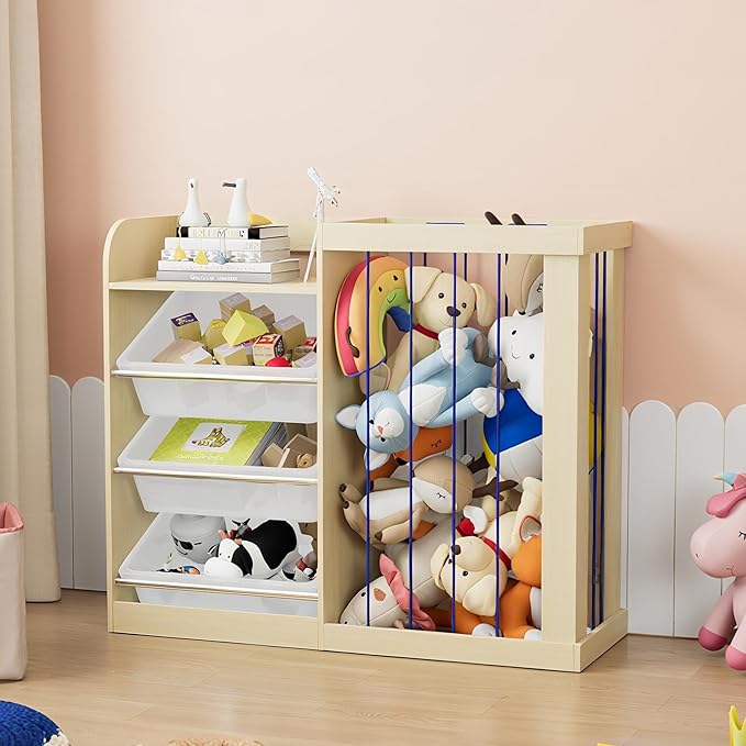 Kids Toy Storage Organizer with 3 Removable Plastic Bins Toddler Montessori Bookshelf with Stuffed Animal Net Holder Baby Bookcase Plush Organizer for Playroom, Bedroom,,Kids Room,Classroom,Nursery-Ruum Studio Home