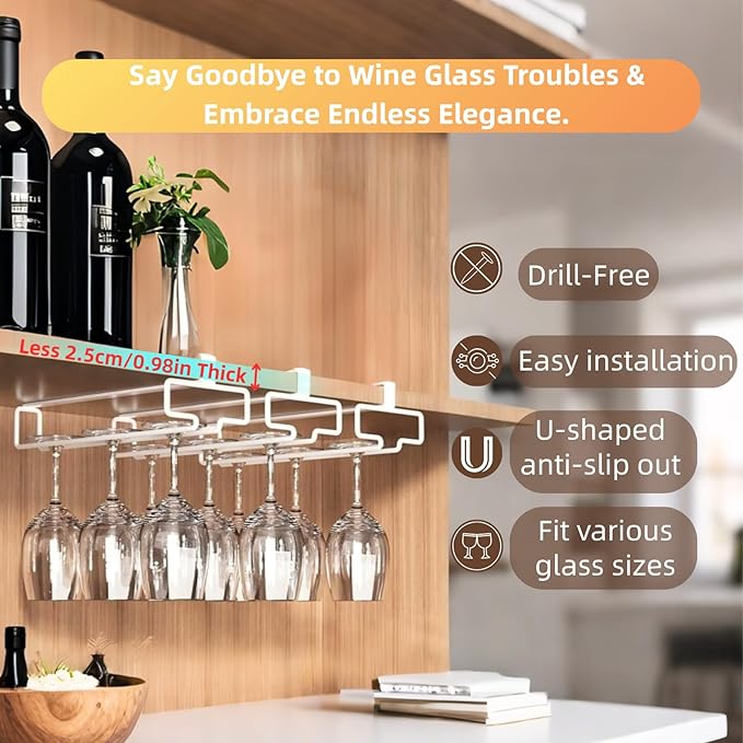 LINFIDITE 2 Pack Wine Glass Holder Stemware Rack Hanger Under Cabinet Wine Glass Rack Kitchen Hanging Storage Rack Organizer,White-Ruum Studio Home