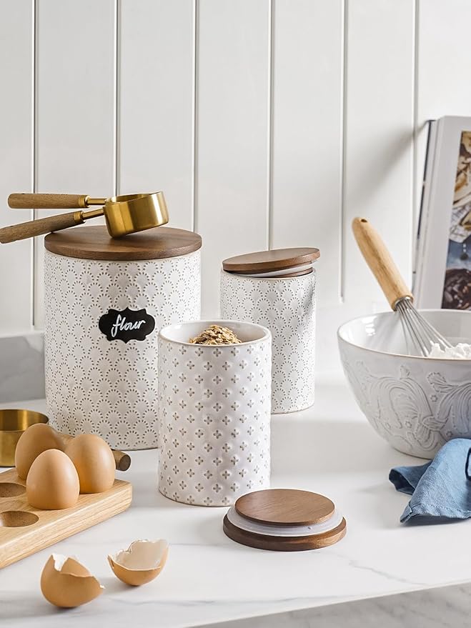 LE TAUCI Food Storage Containers with Airtight Lids, 78/25 oz Ceramic Sugar Canisters Sets, Embossed Large Jars for Pasta, Oats, Coffee Bean, Cookies, Rice, Grains, Tea - Set of 2, Clover-Ruum Studio Home