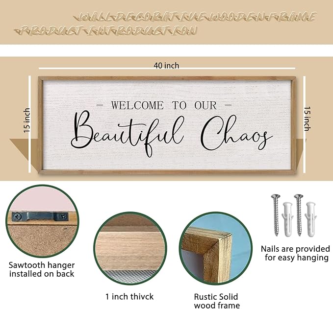 comurdyo Welcome To Our Beautiful Chaos Wall Decor Art 40"X15" for Home Entryway Sign Large Wood Framed Wall Hanging (Wood)-Ruum Studio Home