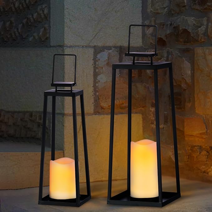 Solar Lantern Decorative Outdoor Set of 2 (18’’ & 15’’) Modern Black Metal Lanterns with Solar Candles, Decorative Candle Lanterns for Outdoor Porch, Patio, Garden, Yard Decor-Ruum Studio Home