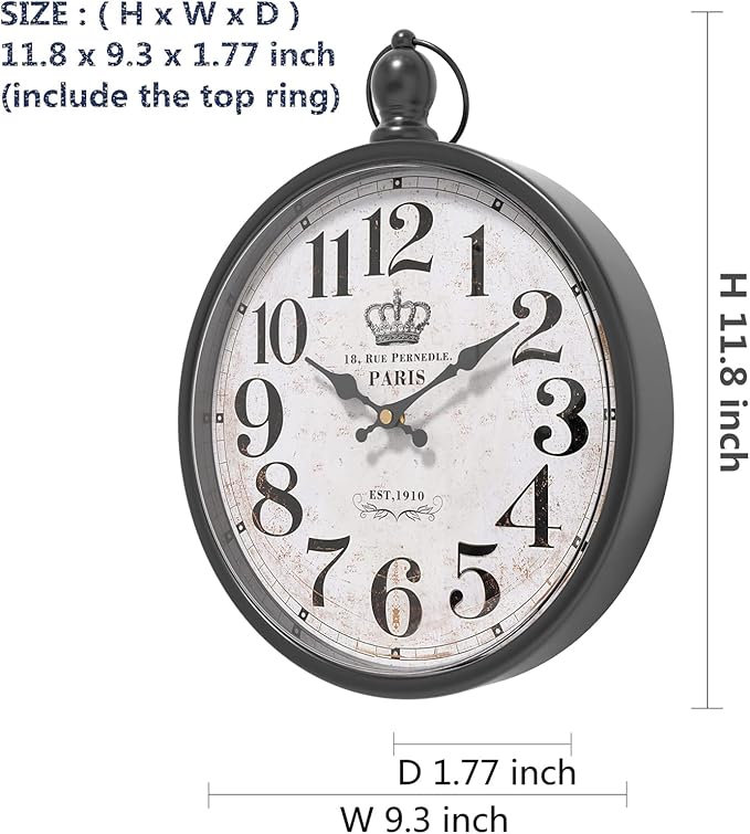 Menterry Retro Round Wall Clock. Black Vintage Antique Style Decor Wall Clocks for Kitchen,Farmhouse,Bedroom,Bathroom,Office, (11.8" H x 9.3" W)-Ruum Studio Home