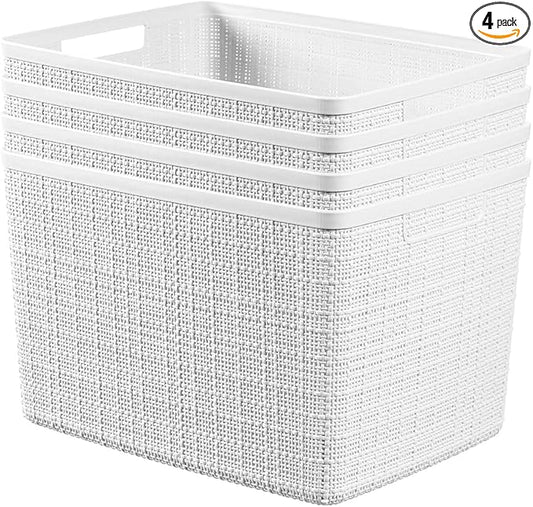Curver Set of 4 Jute Large Decorative Plastic Organization and Storage Baskets, Perfect Bins for Home Office, Closet Shelves, Kitchen Pantry and All Bedroom Essentials, White-Ruum Studio Home
