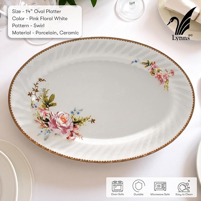 Lynns Paradise Timeless Rose 14-Inch Oval Platter, Set of 2, Pink; Heavy Duty; Chip Resistant; Lead and Cadmium Free; Freezer to Oven Safe up to 500°F-Ruum Studio Home