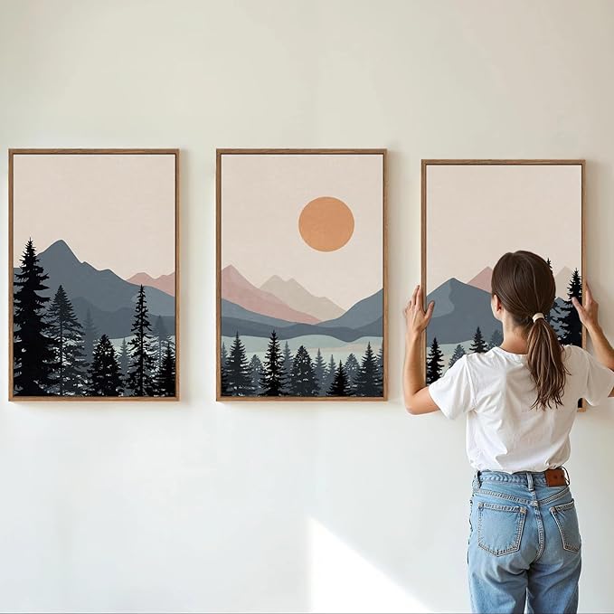 Tinonedraw Boho Mountain Framed Canvas Wall Art Set of 3, Watercolor Nature Landscape Art Prints, Modern Sunrise Art Paintings, Black Pines Tree Forest Wall Decor for Living Room Bedroom Office 16"x24"x3-Ruum Studio Home
