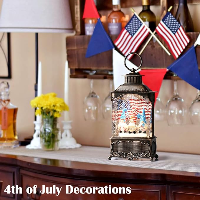 Gnome Snow Globe Lantern 4th of July Decorations with Timer, USB and Battery Powered 4th of July Shirts Patriotic Gnomes and American Flag Independence Day 10.2 inch-Ruum Studio Home
